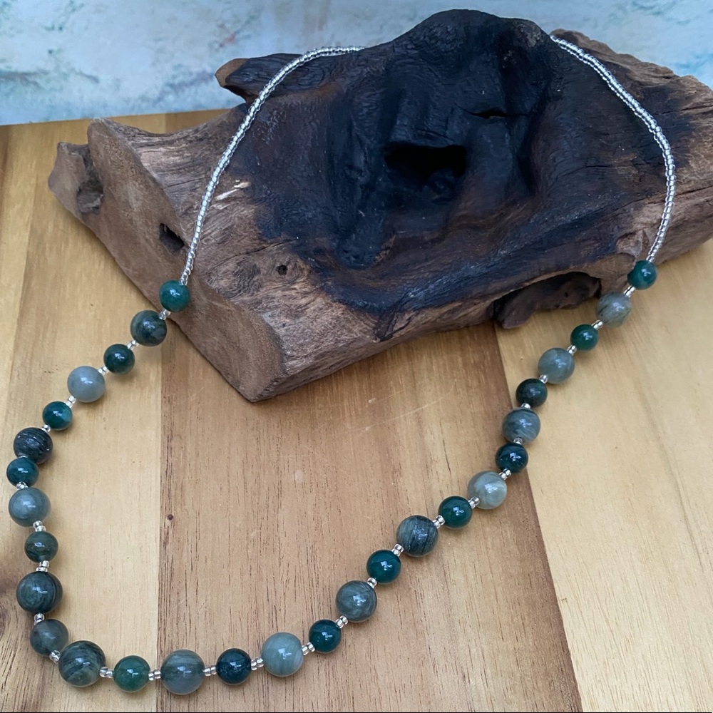 New Handcrafted Artisan Kambaba Jasper and Green Hair Stone Bead Necklace